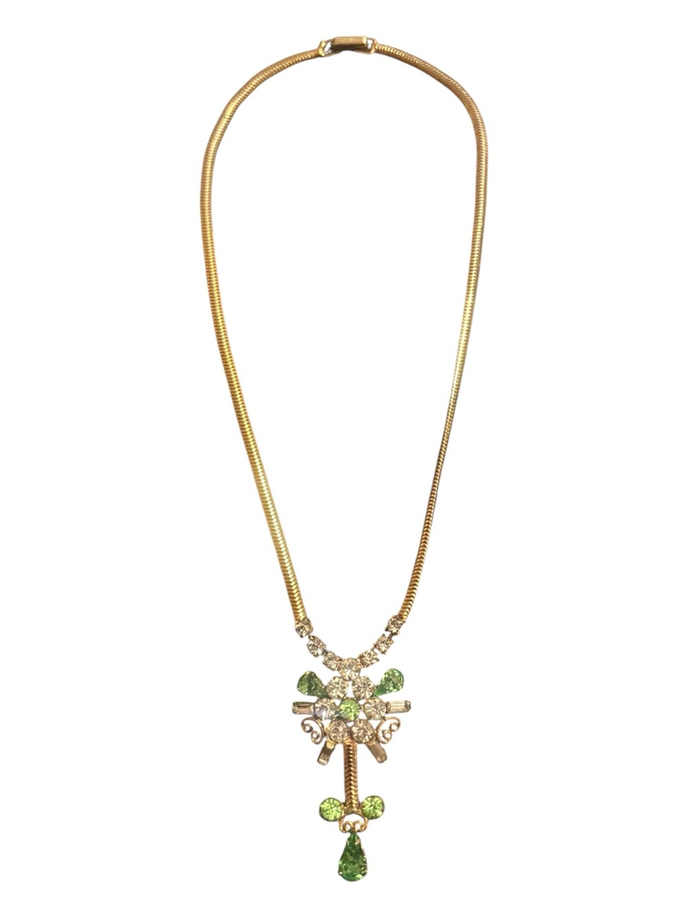 Vintage Leo Glass white green rhinestones necklace
